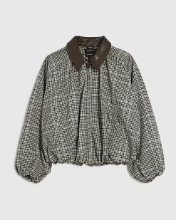 Brown Check Bubble Hem Bomber Jacket