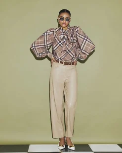 Brown Check Print Pussybow Blouse