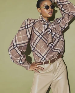Brown Check Print Pussybow Blouse
