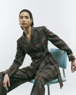 Brown Check Tie Waist Blazer