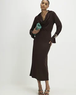 Brown Collared Cowl Neck Midi Dress