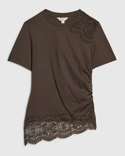 Brown Cotton Short Sleeve Lace Asymmetric Top