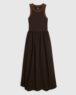 Brown Cotton Sleeveless Whipstitch Maxi Dress