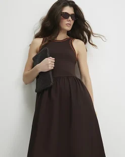 Brown Cotton Sleeveless Whipstitch Maxi Dress