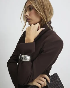 Brown Crepe Ruched Sleeve Blazer