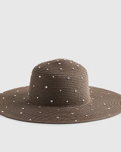 Brown Diamante Floppy Straw Hat