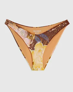 Brown Embellished Orchid Print Bikini Bottoms