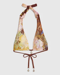 Brown Embellished Orchid Bikini Top