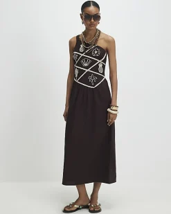 Brown Embroidered One Shoulder Maxi Dress