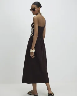Brown Embroidered One Shoulder Maxi Dress