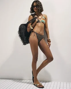 Brown Embroidered Tie Side Bikini Bottoms