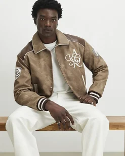 Brown Faux Leather Bomber Jacket