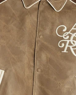 Brown Faux Leather Bomber Jacket