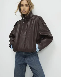 Brown Faux Leather Funnel Neck Jacket