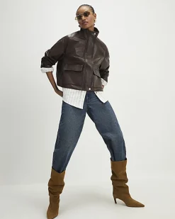 Brown Faux Leather Funnel Neck Bomber Jacket