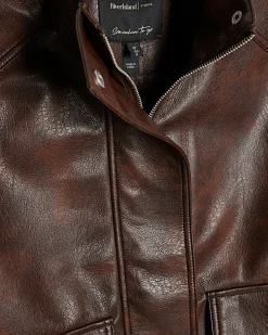 Brown Faux Leather Funnel Neck Bomber Jacket