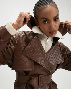 Brown Faux Leather Woven Trench jacket