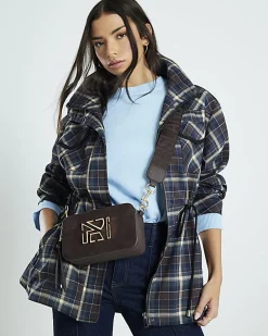 Brown Faux Suede Branded Cross Body Bag