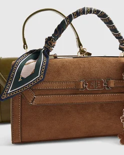 Brown Faux Suede Charms Cross Body Bag