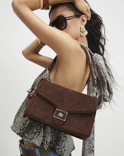 Brown Faux Suede Cherry Charm Shoulder Bag