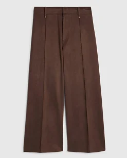 Brown Faux Suede Cropped Seam Front Trousers