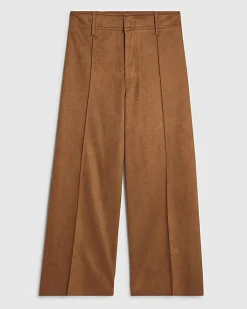 Brown Faux Suede Cropped Seam Front Trousers