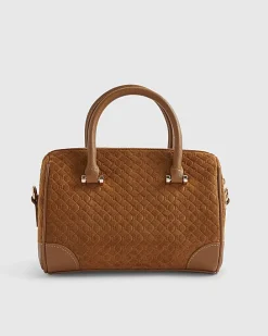 Brown Faux Suede Metal Corner Bowler Bag