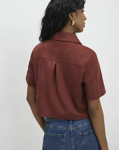 Brown Faux Suede Pocket Detail Shirt