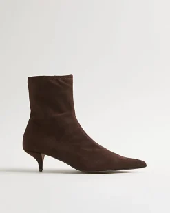 Brown Faux Suede Pointed Toe Sock Boots