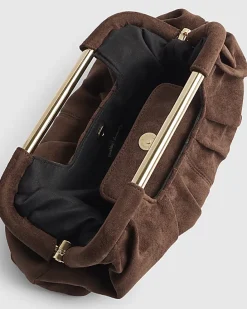 Brown Faux Suede Ruched Clutch Bag