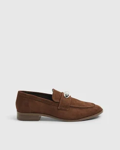 Brown Faux Suede Silver Detail Loafers