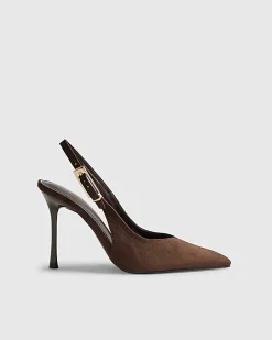 Brown Faux Suede Slingback Court Heels