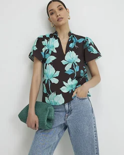 Brown Floral Short Sleeve Blouse