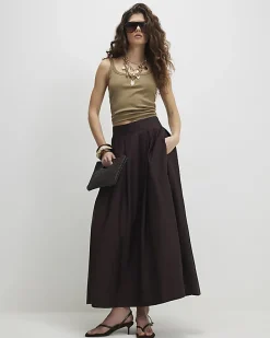 Brown Full A Line Midi Skirt