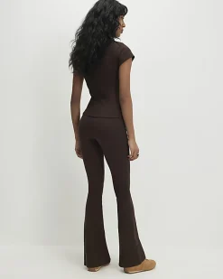 Brown High Waisted Ribbed Flare Leggings
