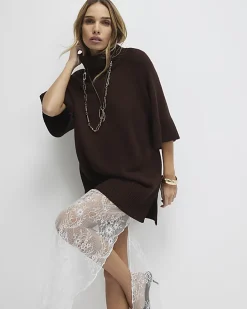 Brown Hybrid Lace Hem Midi Dress