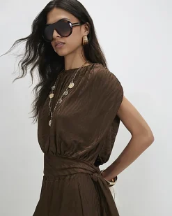 Brown Jacquard Animal Print Tie Side Top