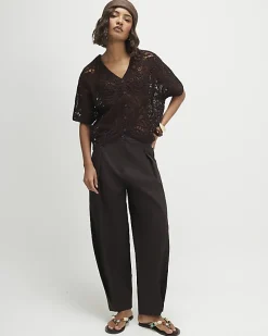 Brown Knitted Crochet Short Sleeve Cardigan