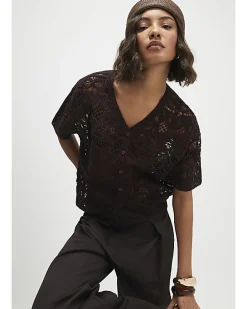 Brown Knitted Crochet Short Sleeve Cardigan