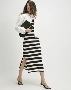 Brown Knitted Ribbed Stripe Midi Dress
