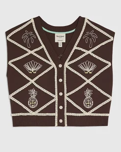 Brown Knitted Shell and Palm Tank Top