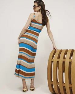 Brown Knitted Striped Maxi Dress