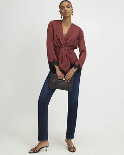 Brown Knot Front Lace Top