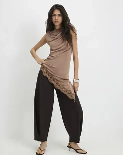 Brown Lace Trim Asymmetric Tunic Top