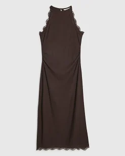 Brown Lace Trim Textured Maxi Dress