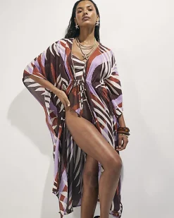 Brown Leaf Print Maxi Kaftan