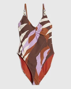 Brown Leaf Print Shaping Swimsuit