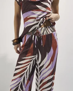 Brown Leaf Print Wide Leg Trousers