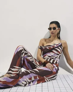 Brown Leaf Print Wide Leg Trousers
