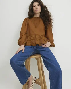 Brown Long Sleeve Lace Detail Smock Top
